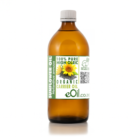 Bottle of sunflower oil with a label on a white background