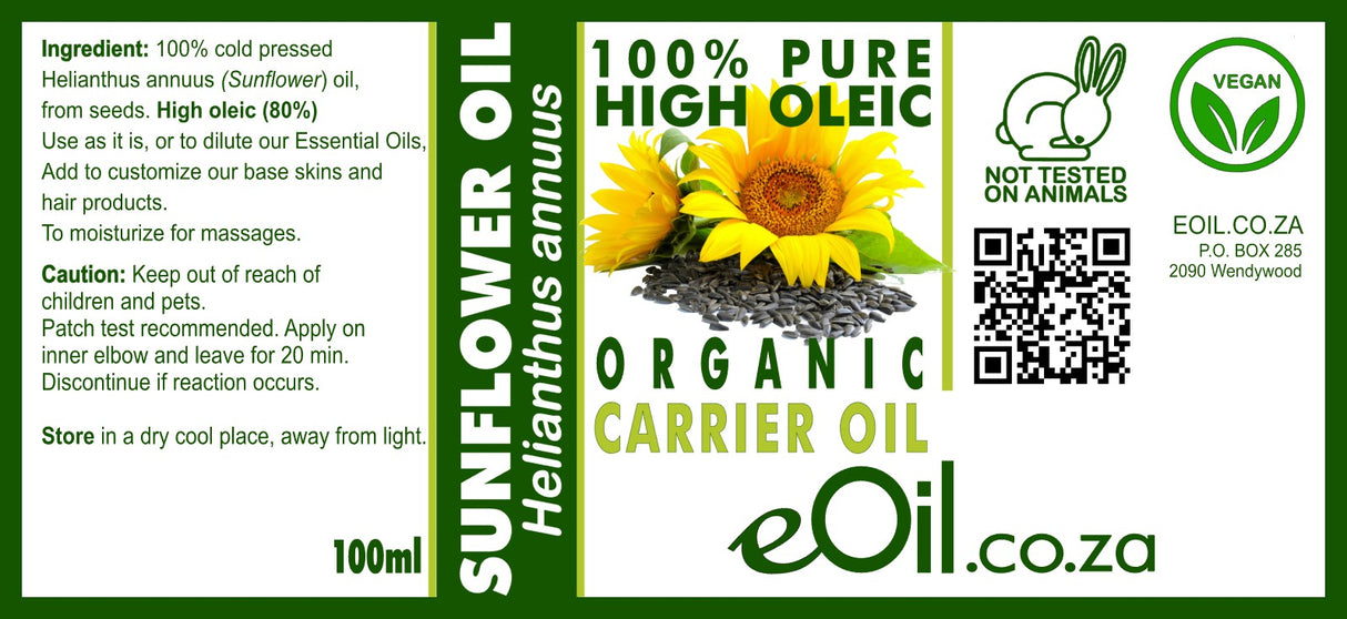A bottle of Sunflower Organic Carrier Oil with a label showing product details, on a white background.