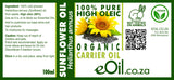 A bottle of Sunflower Organic Carrier Oil with a label showing product details, on a white background.