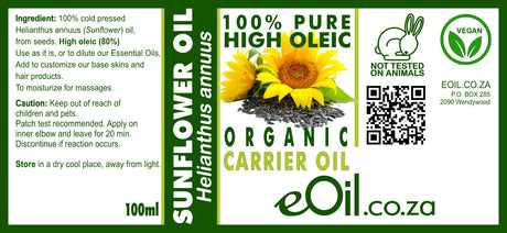 A bottle of Sunflower Organic Carrier Oil with a label showing product details, on a white background.