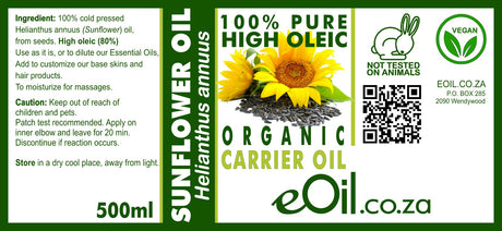 Label 500 ml of Sunflower Organic Carrier Oil with a label showing product details, on a white background.