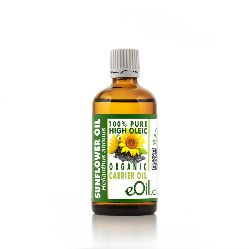 A bottle of Sunflower Organic Carrier Oil with a label showing product details, on a white background.