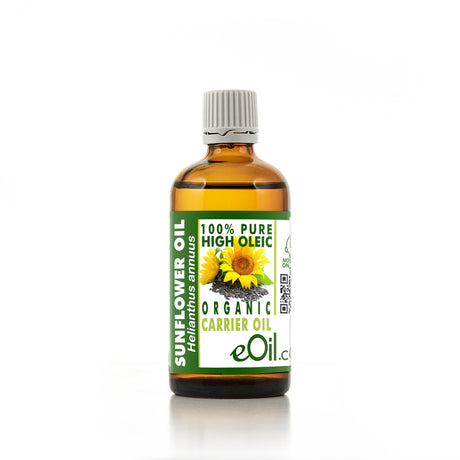 A bottle of Sunflower Organic Carrier Oil with a label showing product details, on a white background.