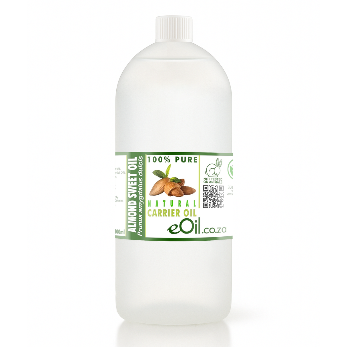 Bottle of almond sweet oil with a white label on a white background 1 liter