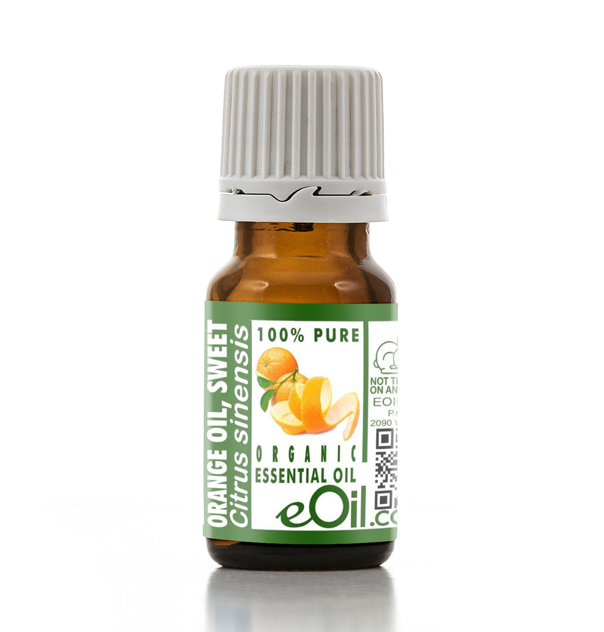 Bottle of eOil organic essential oil with a green label on a white background