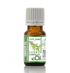 Bottle of tarragon essential oil with a green label on a white background