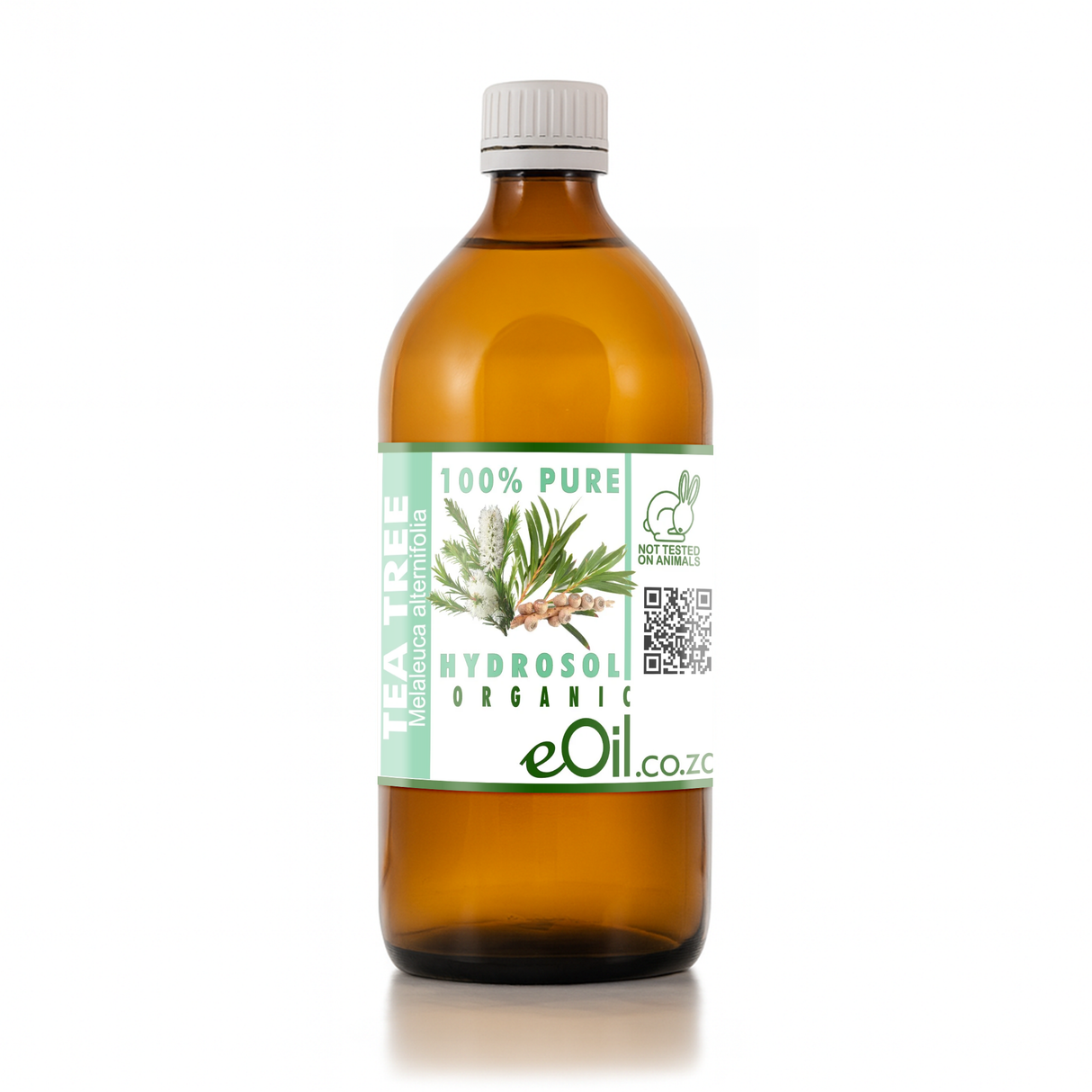 A 500 ml amber glass bottle of eOil Tea Tree Hydrosol Organic oil with a white cap and a green and white label, set against a plain white background.