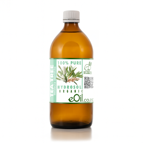 A 500 ml amber glass bottle of eOil Tea Tree Hydrosol Organic oil with a white cap and a green and white label, set against a plain white background.
