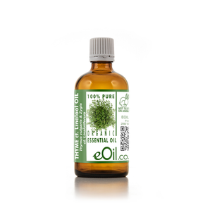 A bottle of eOil Organic Thyme Oil on a white background. The amber glass bottle has a white ribbed cap and a green and white label featuring a green thyme illustration and the eOil brand logo.