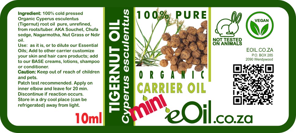 Label of Organic Carrier Oil with tiger nut oil and branding details.