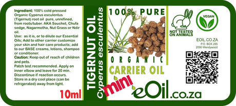 Label of Organic Carrier Oil with tiger nut oil and branding details.