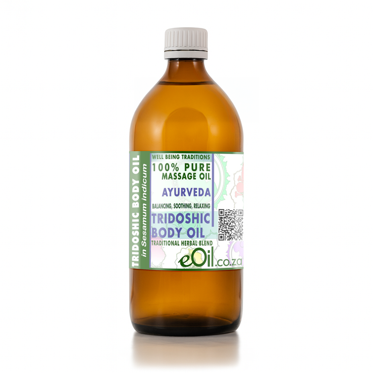 Bottle of Ayurveda Tridoshic Body Oil with a label on a white background