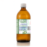 Bottle of Ayurveda Tridoshic Body Oil with a label on a white background