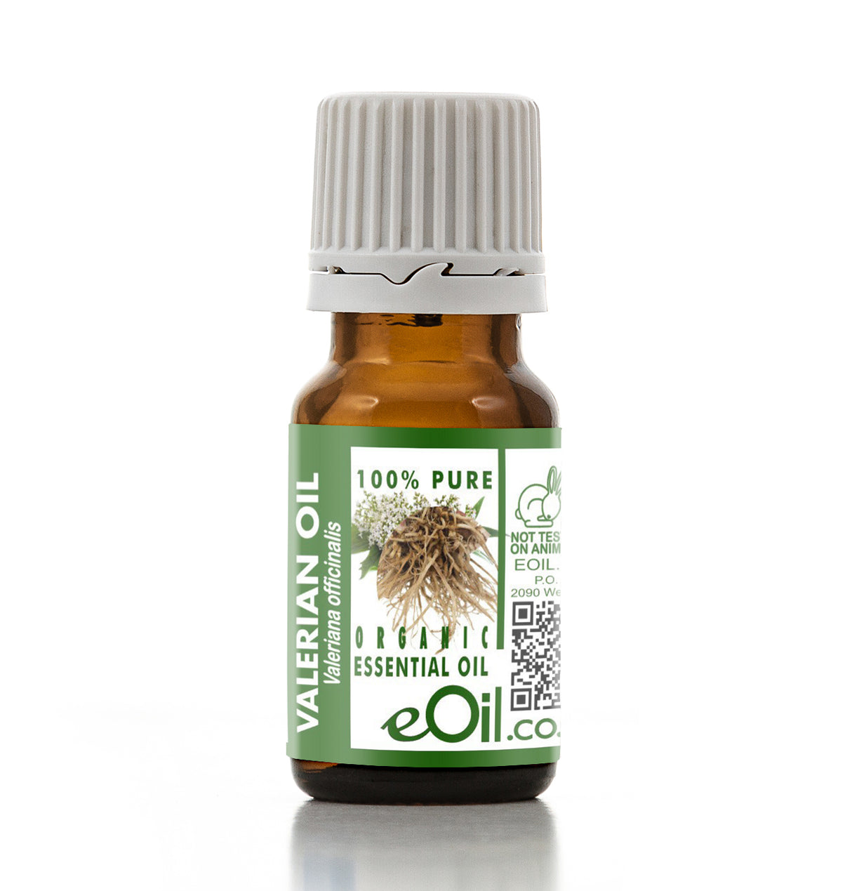 Bottle of Valerian oil with a green label on a white background
