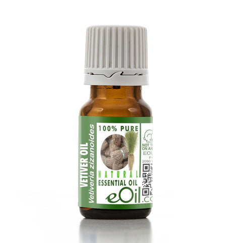 Bottle of Vetiver essential oil with a green label on a white background