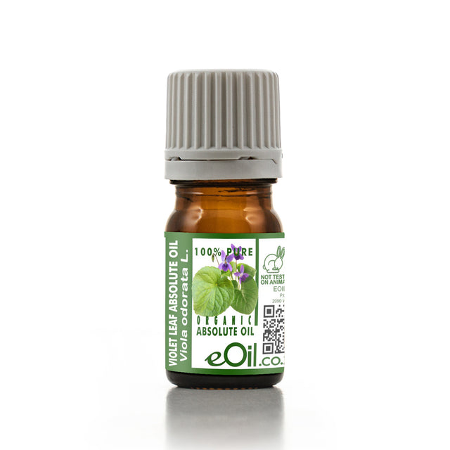 Bottle of eOil Violet Leaf Absolute Oil on a white background