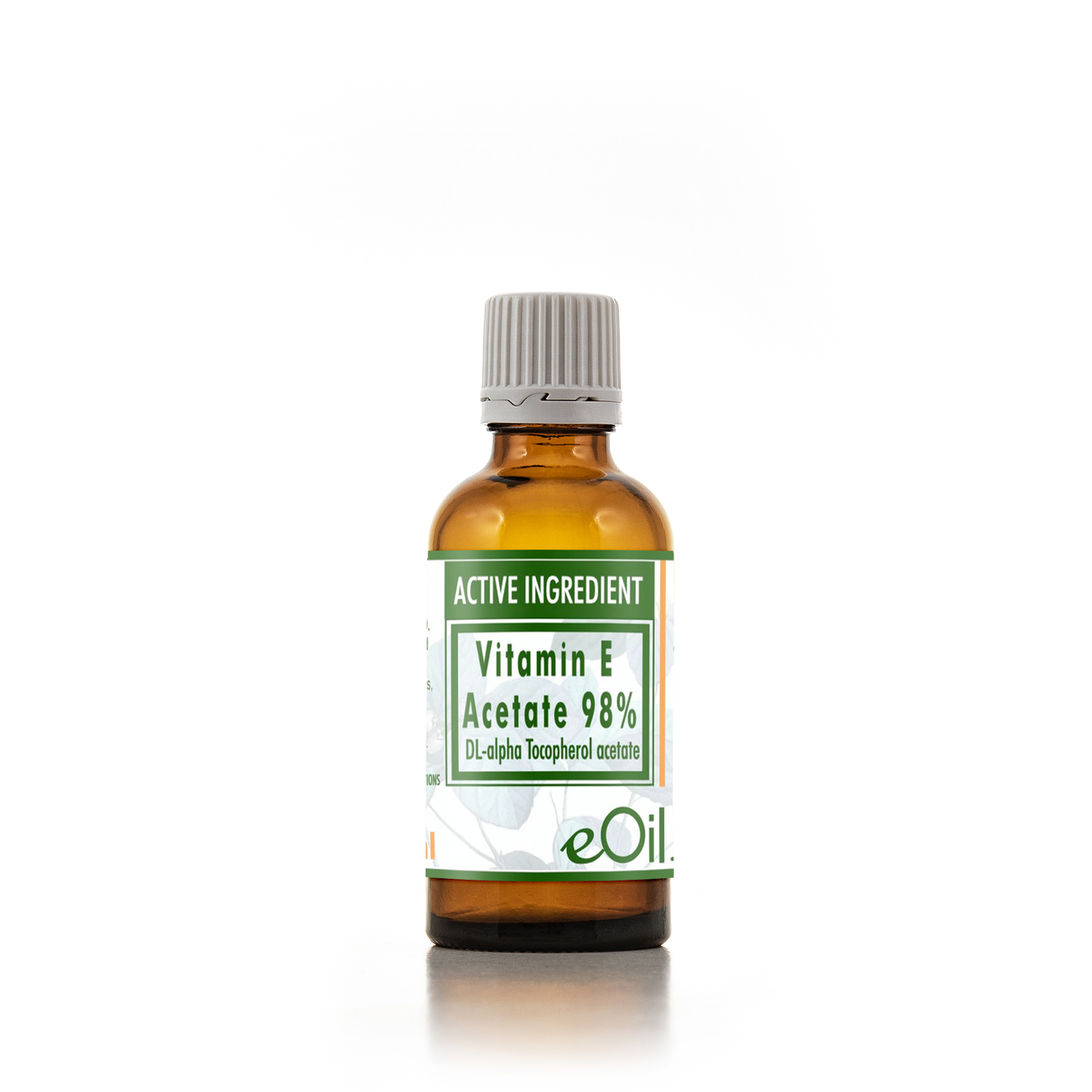 Bottle of Vitamin E oil with a green label on a white background 