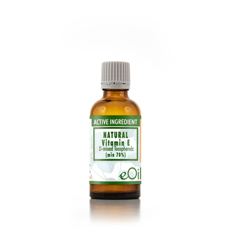 Bottle of eOil natural vitamin E oil on a white background 50 ml