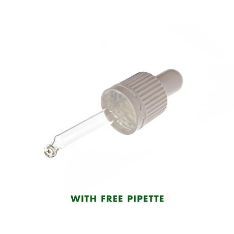 A clear glass dropper pipette with a ribbed white plastic cap, shown on a white background with green text below reading 'WITH FREE PIPTETTE'.