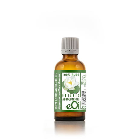 Bottle of 100% pure white lotus absolute oil with a green label on a white background 50 ml