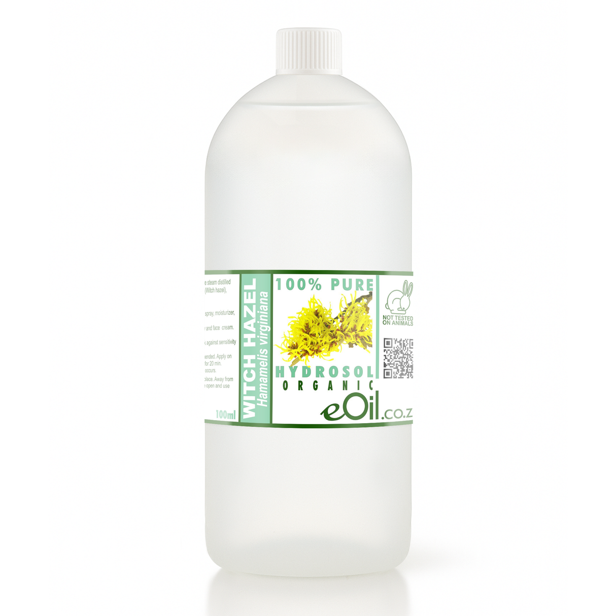White bottle of eOil witch hazel with a label on a white background 1 liter