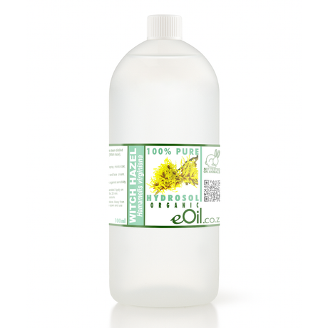 White bottle of eOil witch hazel with a label on a white background 1 liter