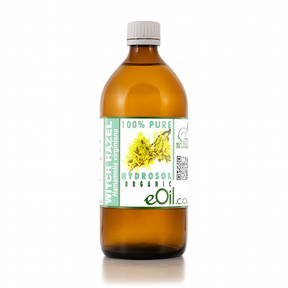 Bottle of eOil organic witch hazel hydrosol on a white background