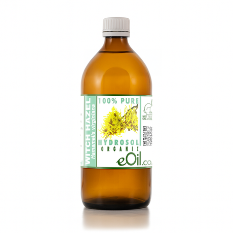 Bottle of eOil organic witch hazel hydrosol on a white background