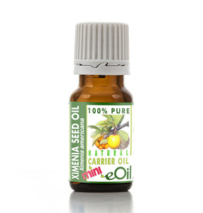 Bottle of Ximenia seed oil with a green label on a white background