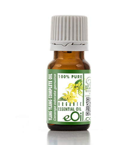 Bottle of eOil Ylang Ylang essential oil on a white background