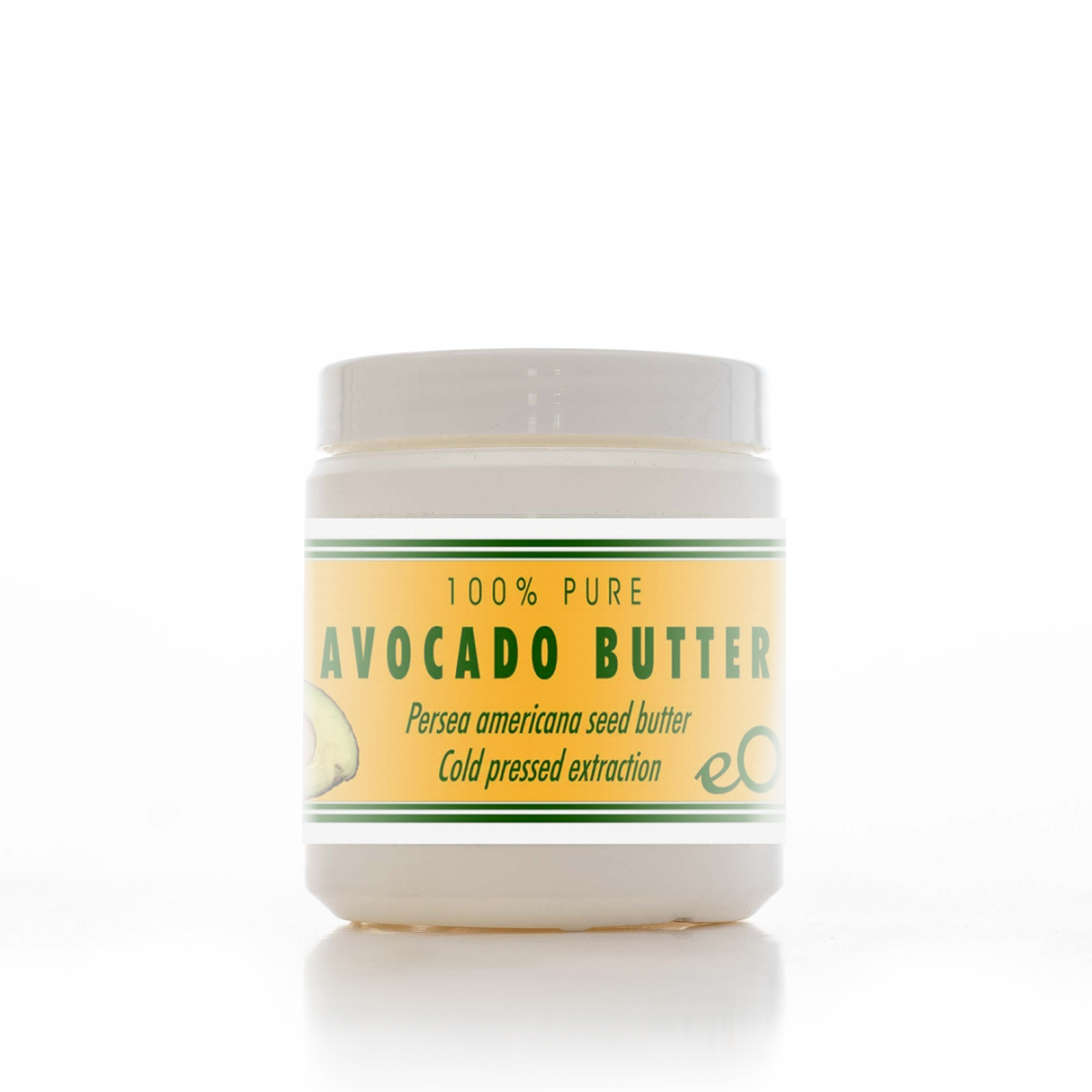 Jar of 100% pure avocado butter on a white background