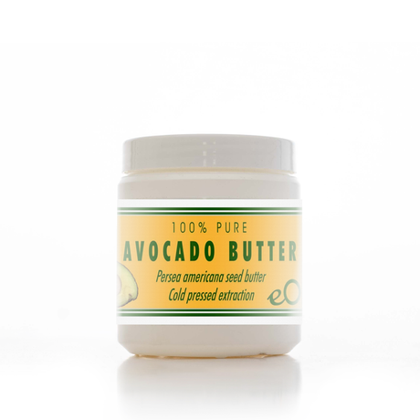 Jar of 100% pure avocado butter on a white background