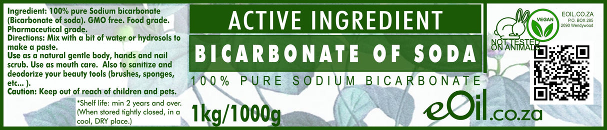 Bicarbonate of Soda packaging with branding and product details.