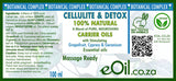 Label of eOil product for cellulite and detox massage oil with botanical complex and carrier oils.
