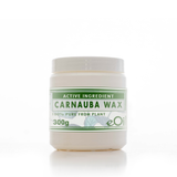 A 300g jar of eOi Carnauba Wax, 100% pure from plant, featuring a white container with a green and white label, set against a clean white background.