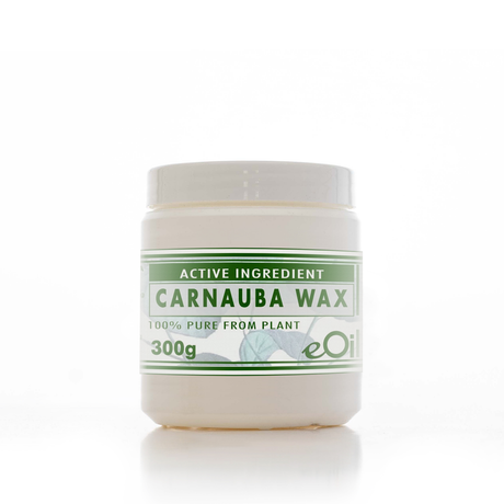 A 300g jar of eOi Carnauba Wax, 100% pure from plant, featuring a white container with a green and white label, set against a clean white background.