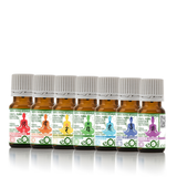 Set of sevensmall brown bottles with colorful labels on a white background for chakra essential oils