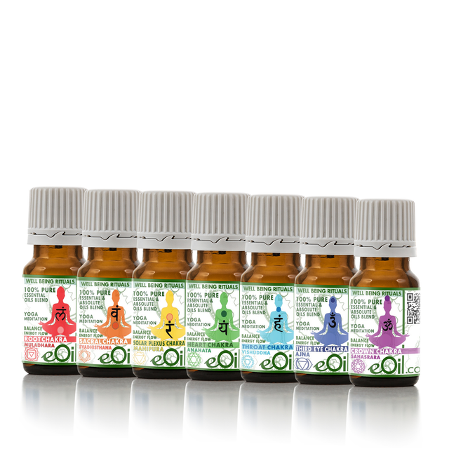 Set of sevensmall brown bottles with colorful labels on a white background for chakra essential oils