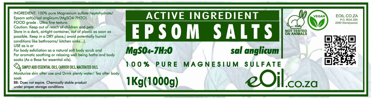 Label of Epsom salts with green background and text.
