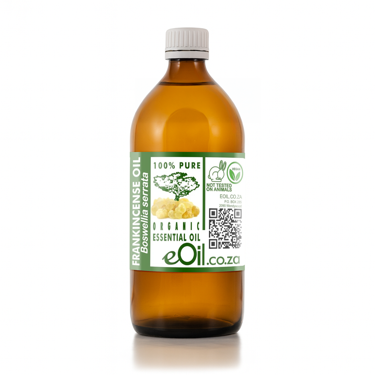 Bottle of frankincense oil with a label on a white background