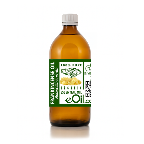 Bottle of frankincense oil with a green label on a white background