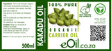 Label of Kakadu oil with product details and branding on a green background