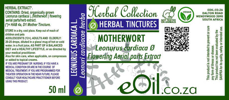 Herbal tincture label for Leonurus cardiaca with eOil.co.za branding