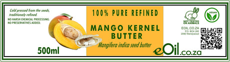 A rectangular product label for Mango Kernel Butter by eOil.co.