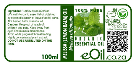 A 100ml label for Melissa (Lemon Balm) Organic Essential Oil by eOil.co.za