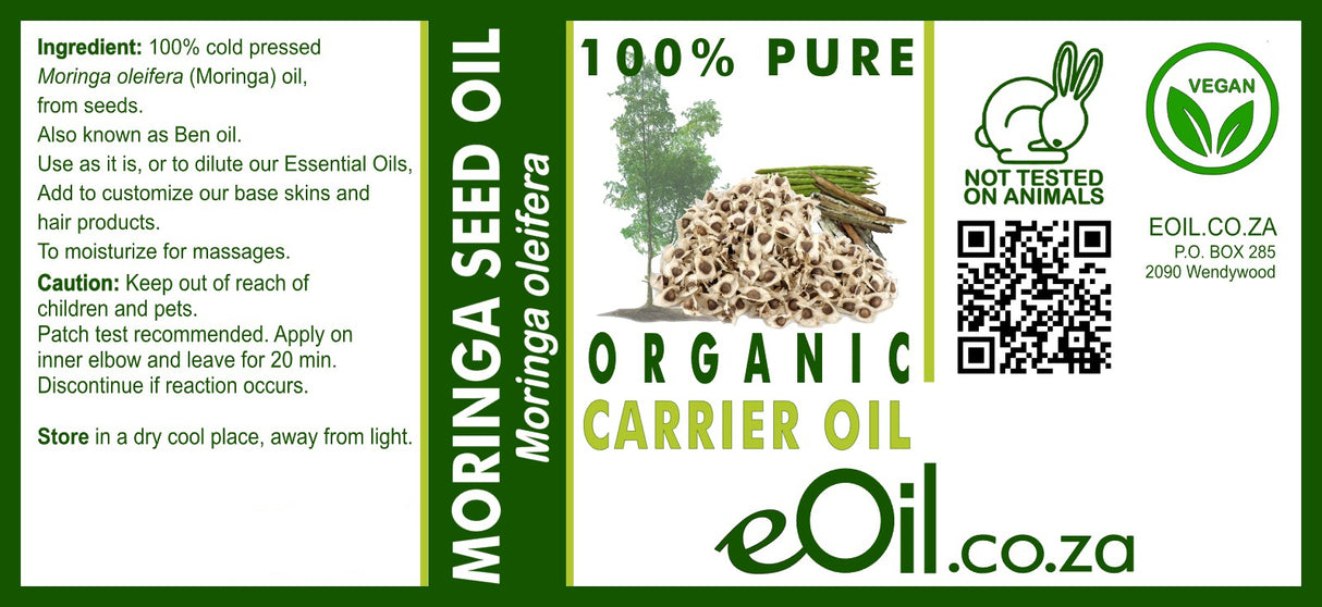 Label of Moringa seed oil from eOil.co.za with product details and branding.