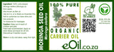 Label of Moringa seed oil from eOil.co.za with product details and branding.
