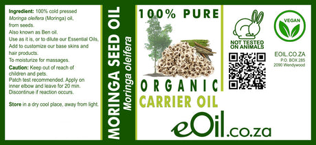 Label of Moringa seed oil from eOil.co.za with product details and branding.