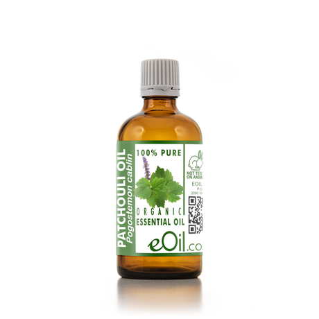Bottle of eOil patchouli oil on a white background