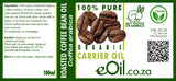 A 100ml label for eOil Organic Carrier Oil Coffee Arabica, showing a dark green and white design with a central image of roasted coffee beans, ingredient details, a vegan bunny logo, and a QR code.